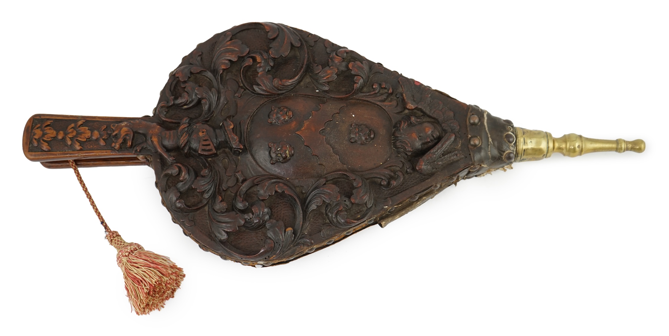 A pair of 17th century carved walnut and oak bellows